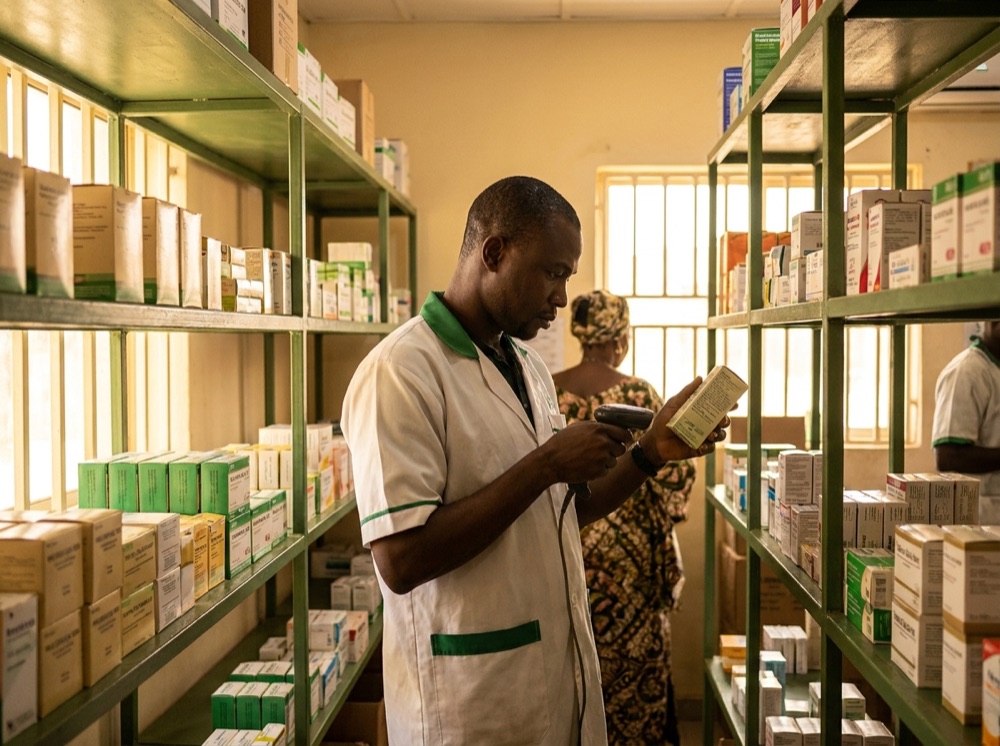 Pharmacy shelves stocked with medicines